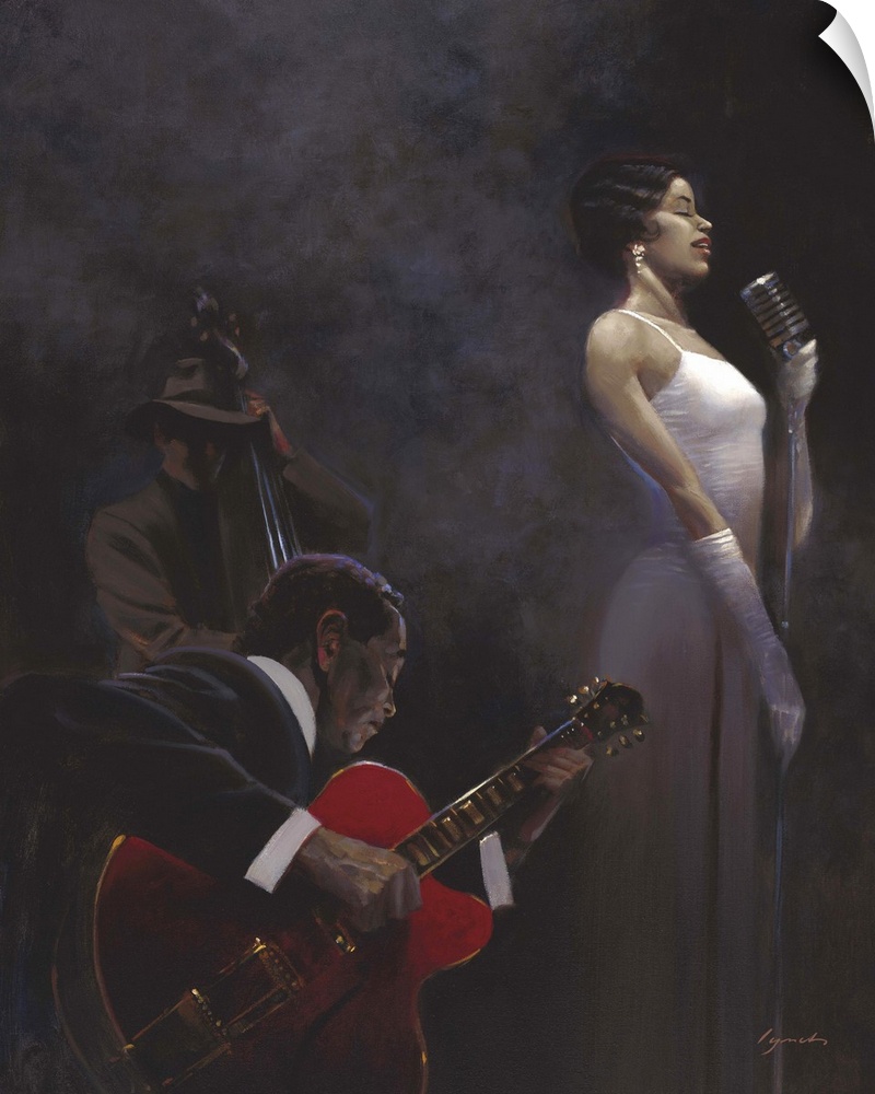 Contemporary painting of woman in a white dress standing at a microphone singing, with a jazz band playing behind her.
