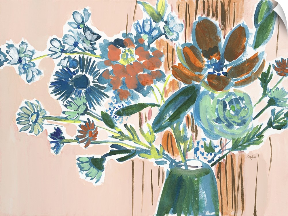 Watercolor painting of a bouquet of orange, green, and blue flowers on tan.