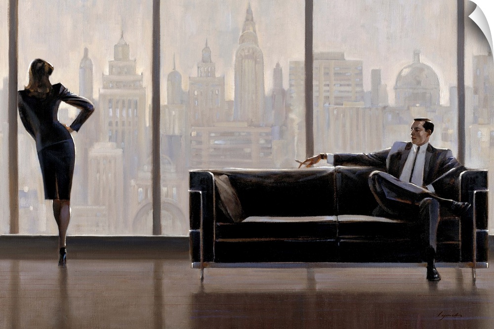 Contemporary painting of woman standing at a window looking out a city skyline, while a man in a suit sits on sofa.