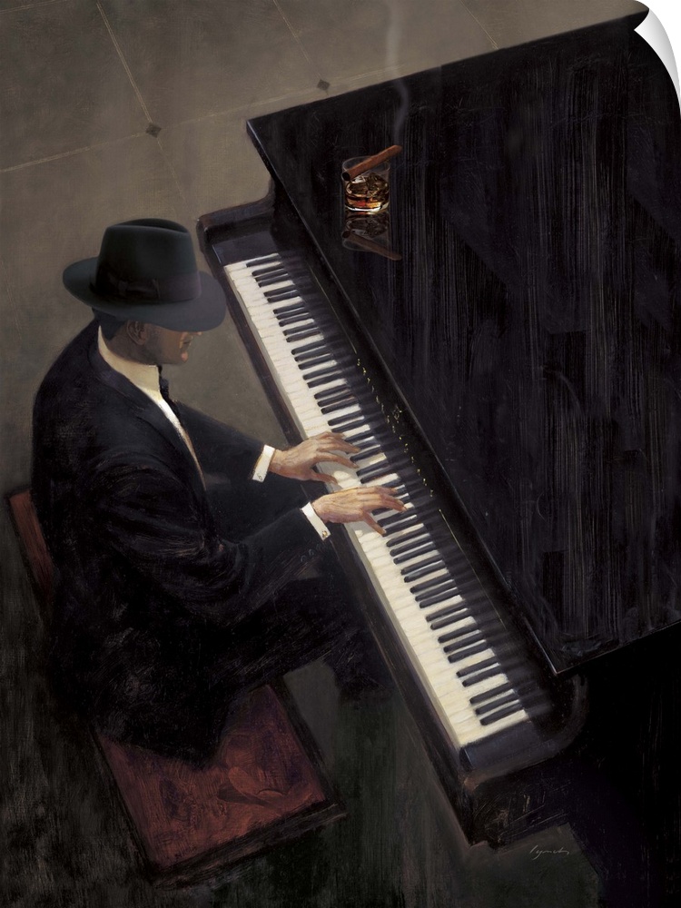 Contemporary painting of a man in a hat and suit playing a piano, with a cigar and drink sitting on top of the piano.
