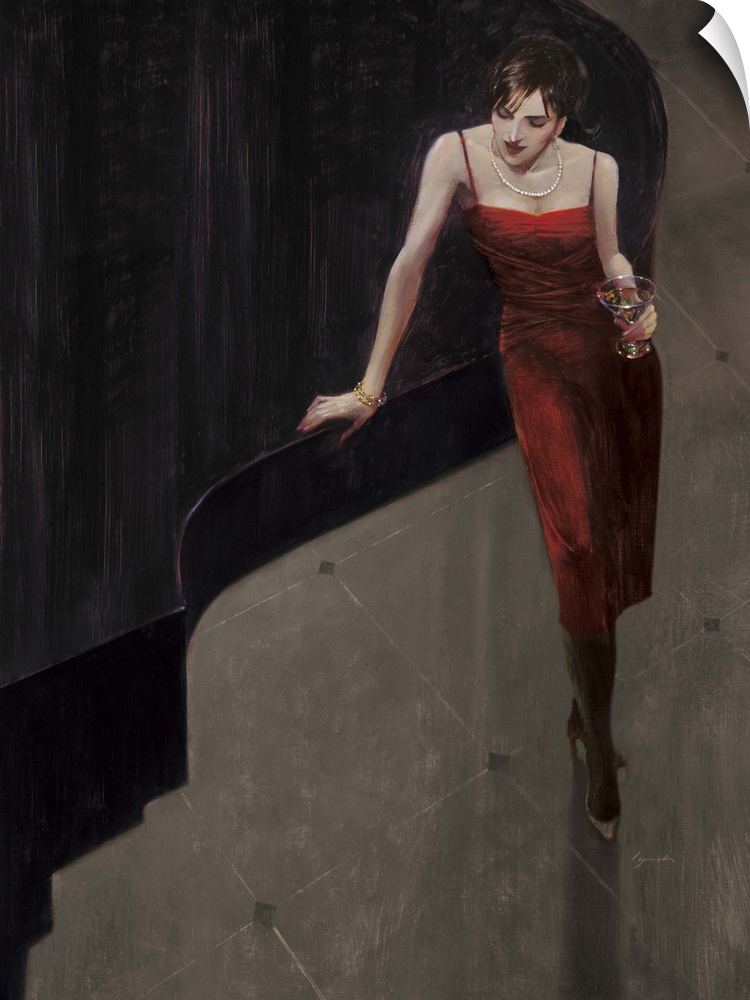 Contemporary painting of a woman in a red dress standing beside a piano holding a drink.