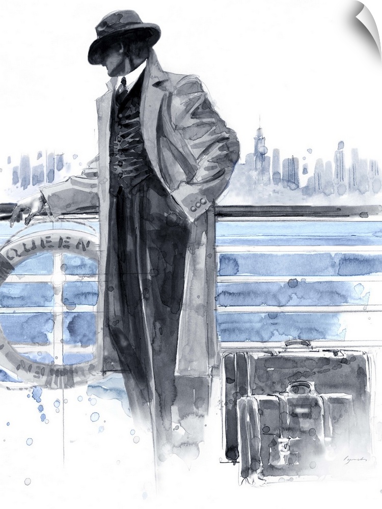 Contemporary painting of a man standing in front of a railing on a ship, looking out at a city skyline.