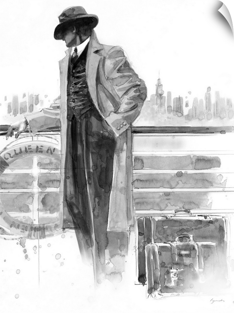 Contemporary painting in gray scale of a man standing in front of a railing on a ship, looking out at a city skyline.
