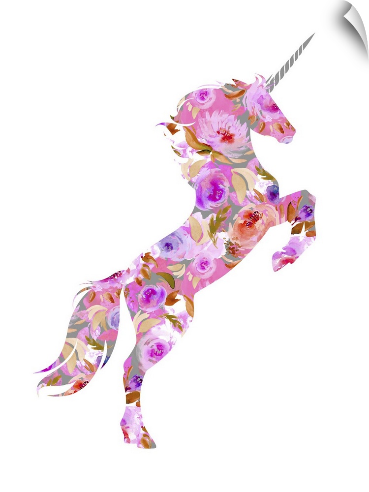 Illustration of a pink, purple, red, and gray floral unicorn on a white background.