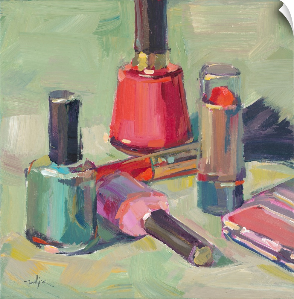 Contemporary painting of a different lipstick liners and nail polishes.