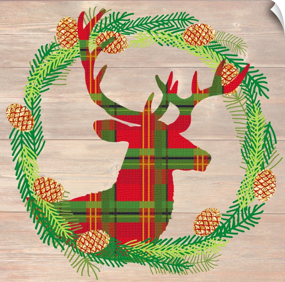 Plaid silhouette of a deer inside of a Winter wreath in blue, green, and gold hues on a faux wood background.
