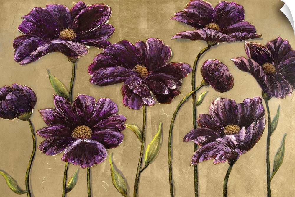 Home decor artwork of a dark purple flowers against a brown background.
