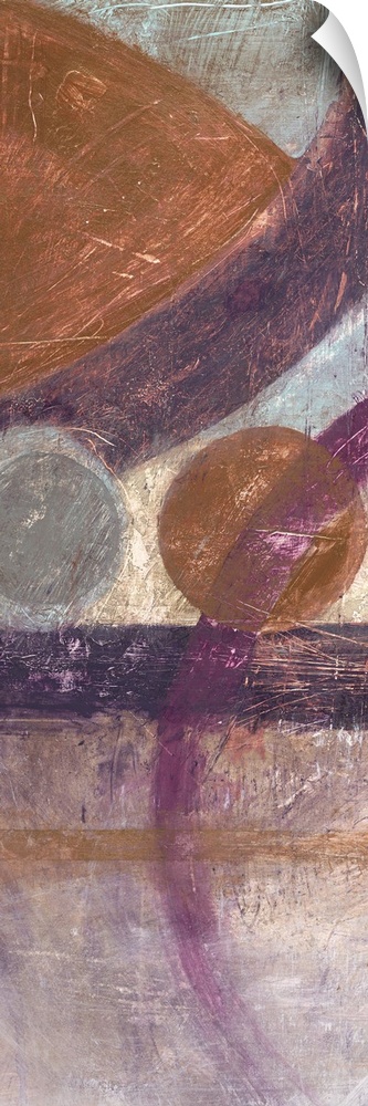 Vertical abstract artwork with circular geometric shapes in browns and purples.