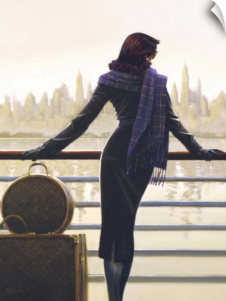 Contemporary painting of woman standing in front of a railing of a ship, looking out at a city skyline.