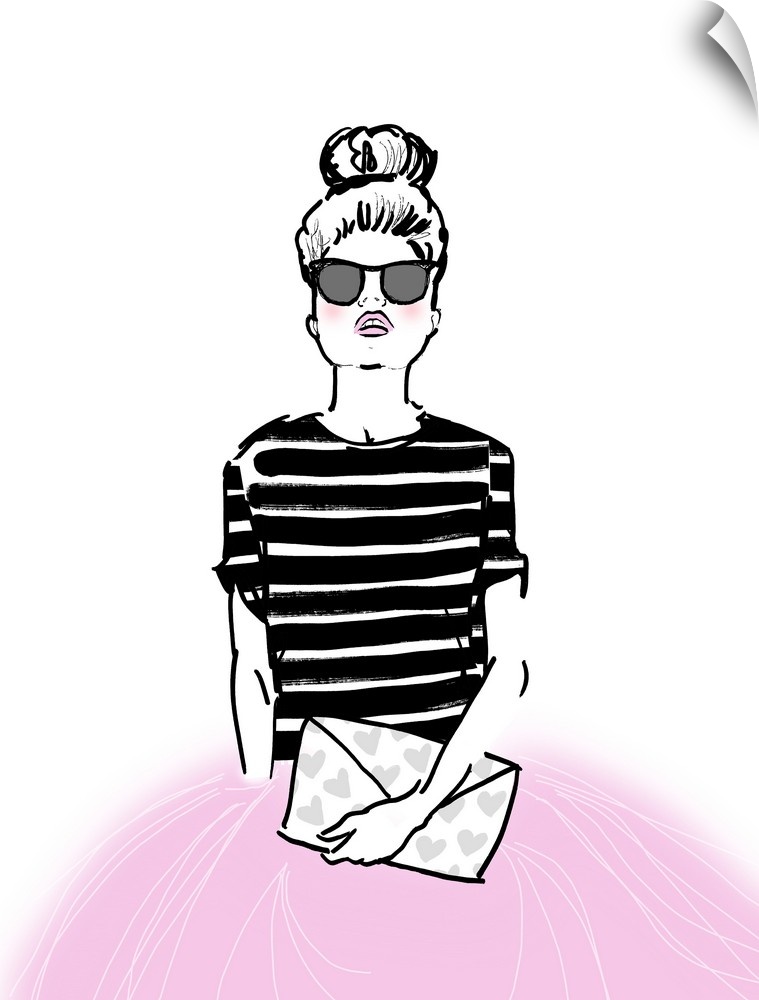 Illustration of a fashionable woman wearing sunglasses and carrying a purse with hearts on it in black, white, and pink hues.