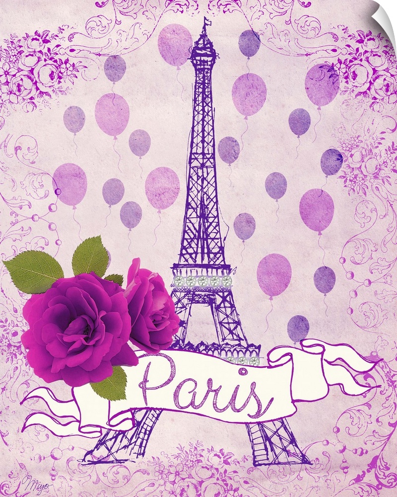 Vibrant pink Paris themed home decor art of a purple Eiffel tower against a pink background wit a pink flower.