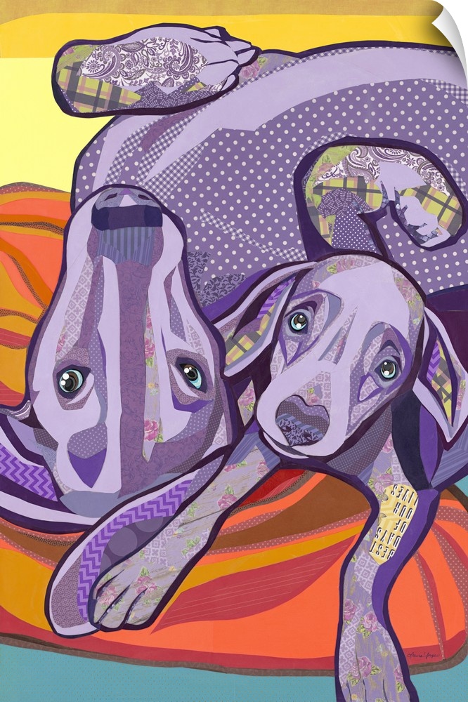 Colorful collage artwork of mom and puppy Weimaraner snuggling together.