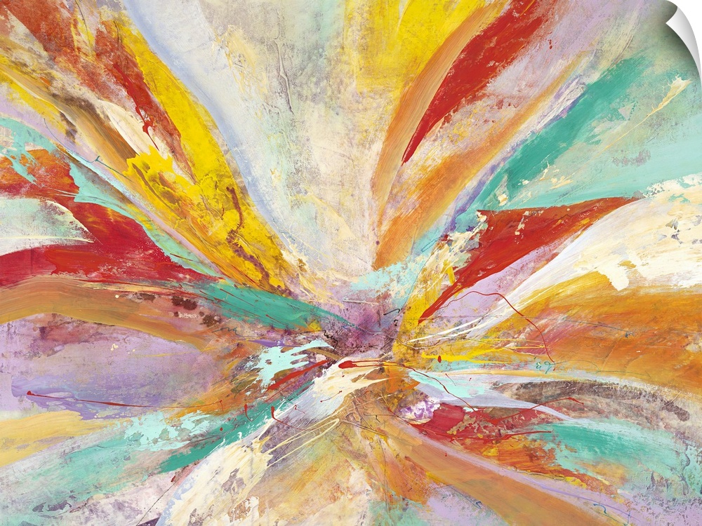 Vibrantly colored contemporary abstract art with radiating red, teal, and orange colors.