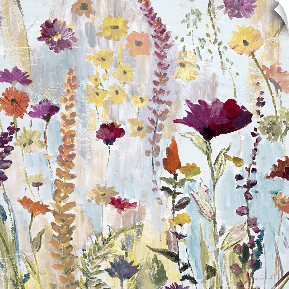 Watercolor artwork of a garden full of tall, blooming flowers in shades of pink and yellow.