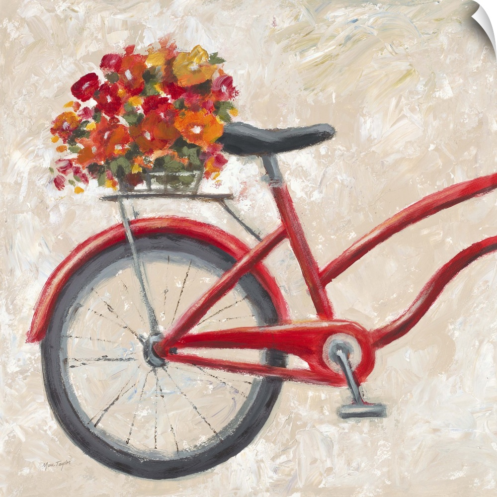 Contemporary painting of the back end of a red bicycle with vibrant flowers in a basket behind the seat.