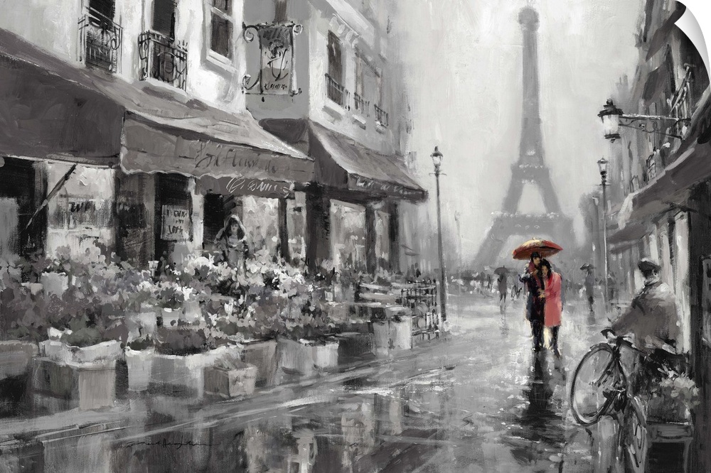 Painting of a street scene in Paris, France, with the Eiffel Tower in the distance.