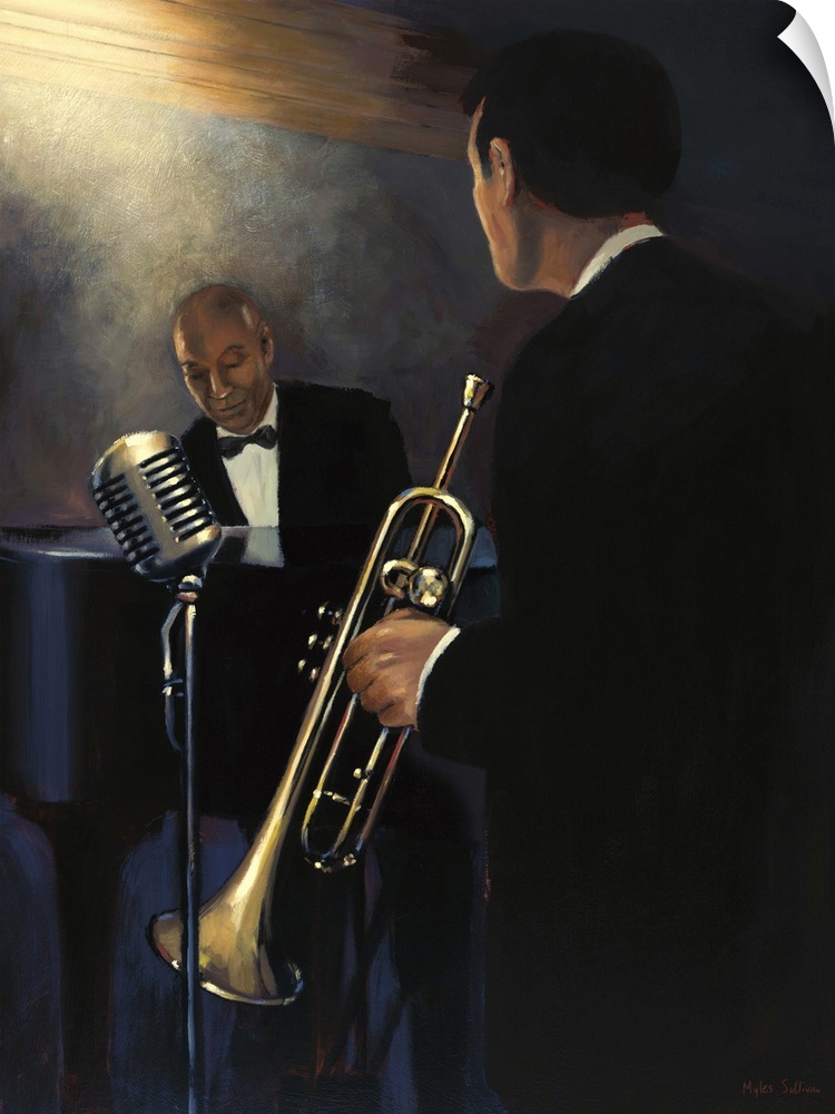 Contemporary painting of two musicians, one playing a trumpet and one playing the piano.