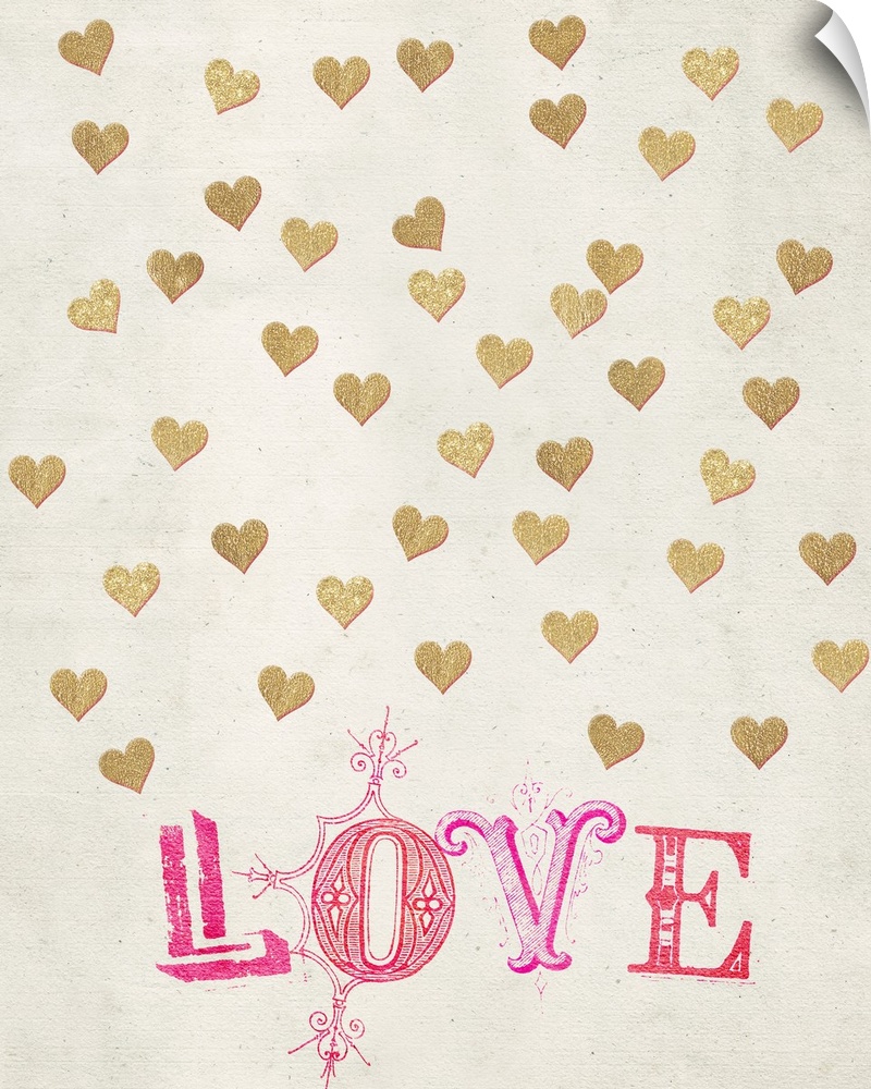 Golden hearts and the word Love in pink against a weathered neutral background.