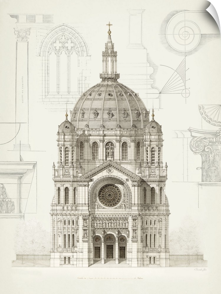 Black and white architectural illustration and blueprint with great detail.