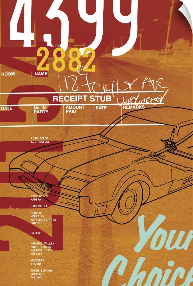 Vintage car diagrams and printed numbers over an image of a road.