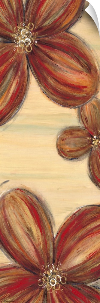 Contemporary home decor artwork of warm toned flowers against a neutral background.