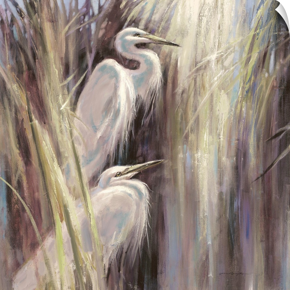 Contemporary painting of two herons standing a-midst tall grass.
