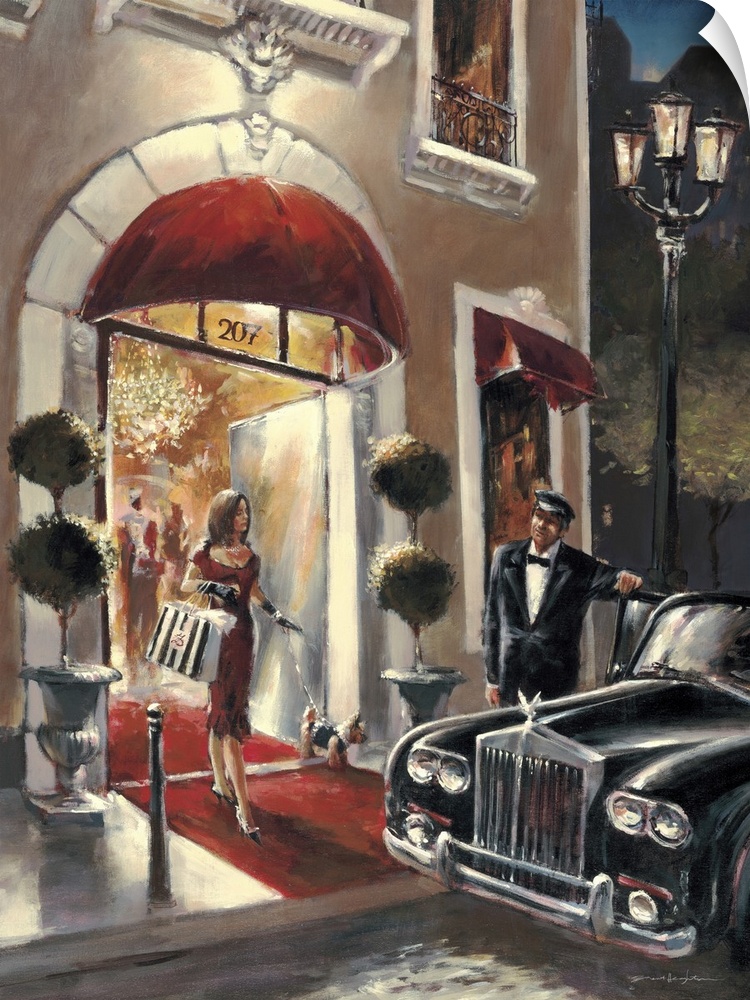 Contemporary painting of a woman in a red dress walking out store, with a dog on a leash in one hand and shopping bags in ...