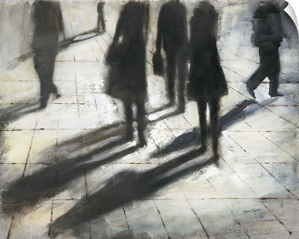 Contemporary painting of silhouetted figures walking and casting shadows.