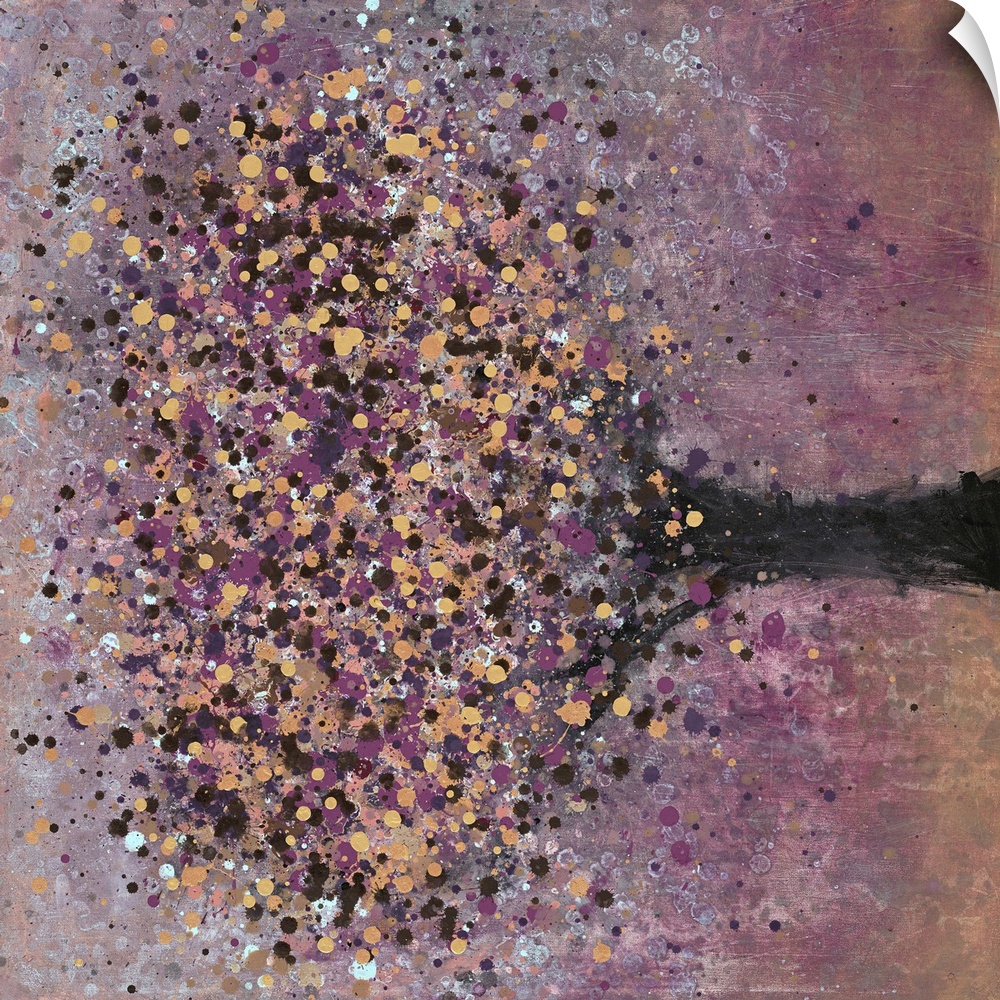 Contemporary painting of a lone tree with copper and purple leaves.