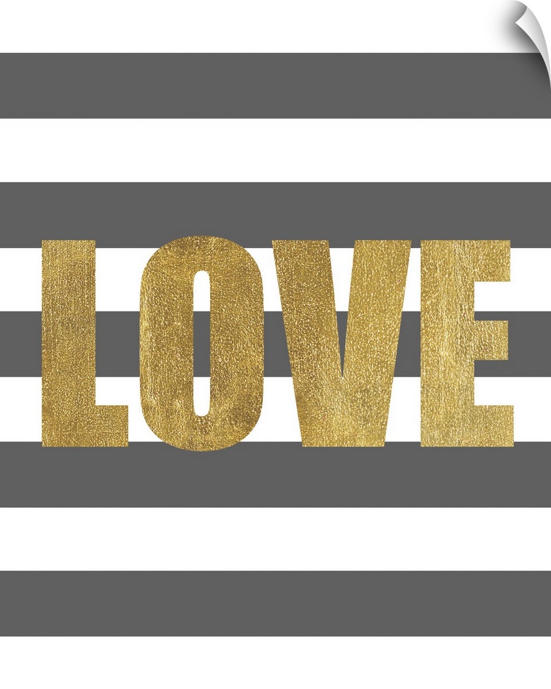 The work Love in gold against a dark gray and white striped background.