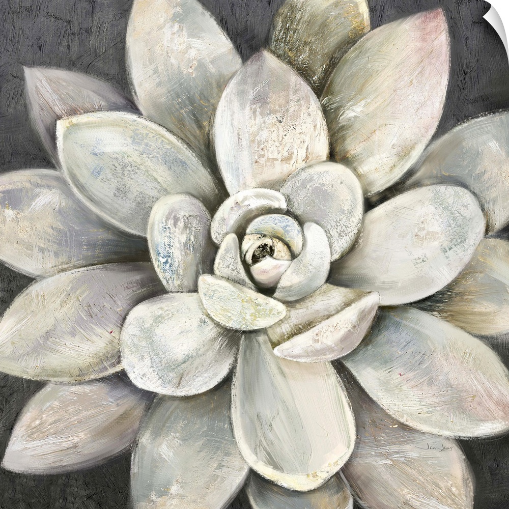 Contemporary artwork of a succulent plant with broad leaves in warm grey tones.