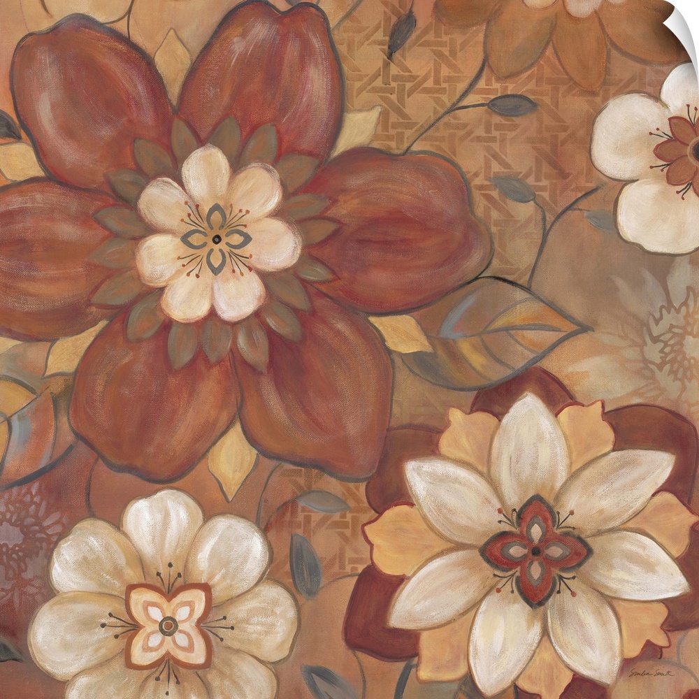Folk art style painting of several differently shaped flowers in rusty red tones.