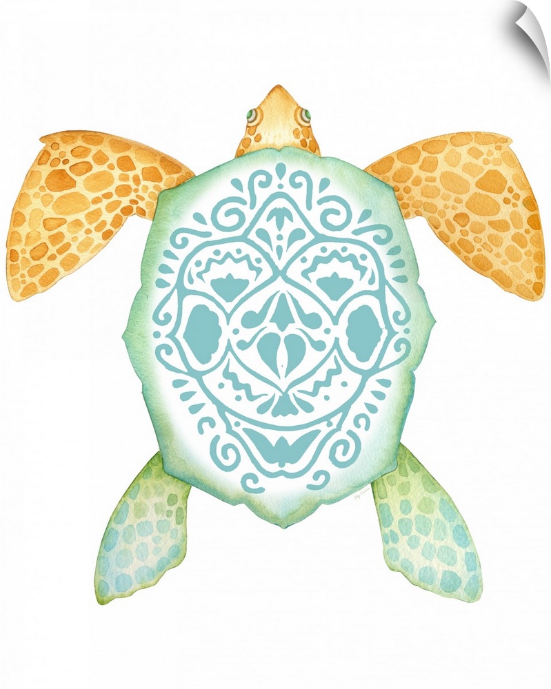 Watercolor artwork of a sea turtle with an intricate design on its shell.