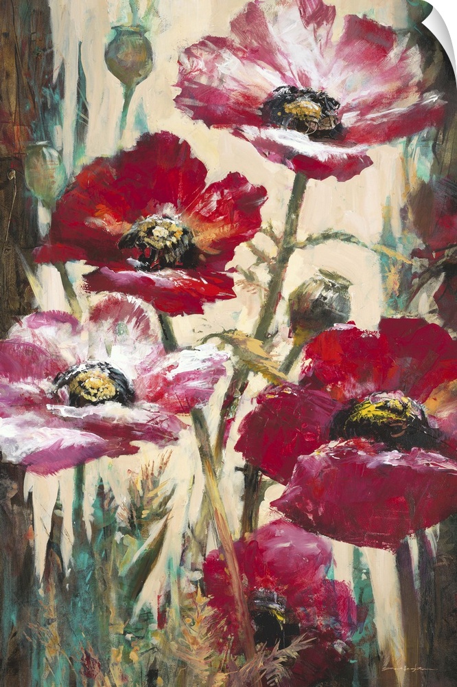 Contemporary painting of vibrant red poppy flowers.