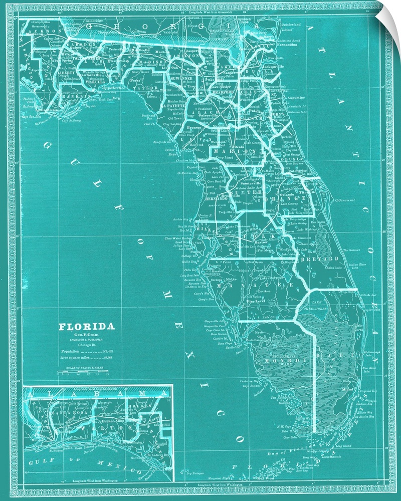 Teal and white map of the whole state of Florida.