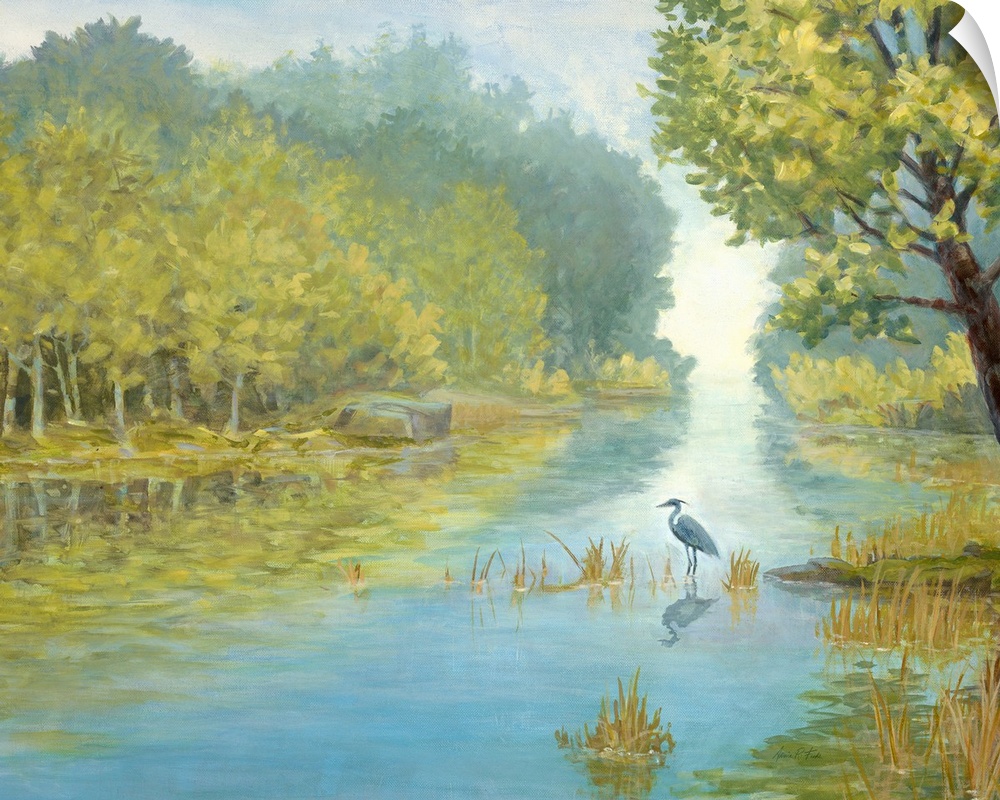 Painting of a herons standing in a shallow river in a forest landscape.