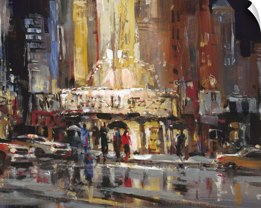 Contemporary painting of a city street with people casting reflections in puddles.