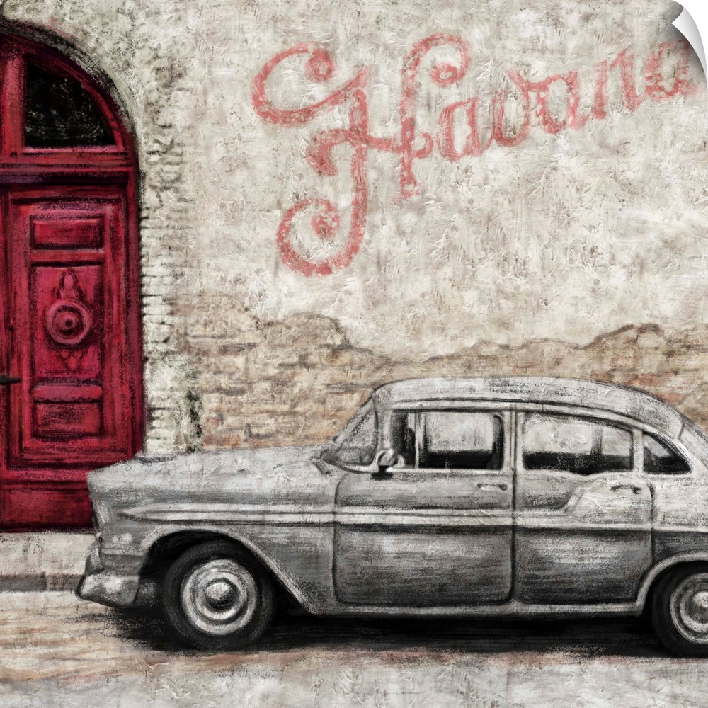 Square decor of an illustrated street scene in Havana, Cuba with a vintage car, red door, and wall graffiti that says "Hav...