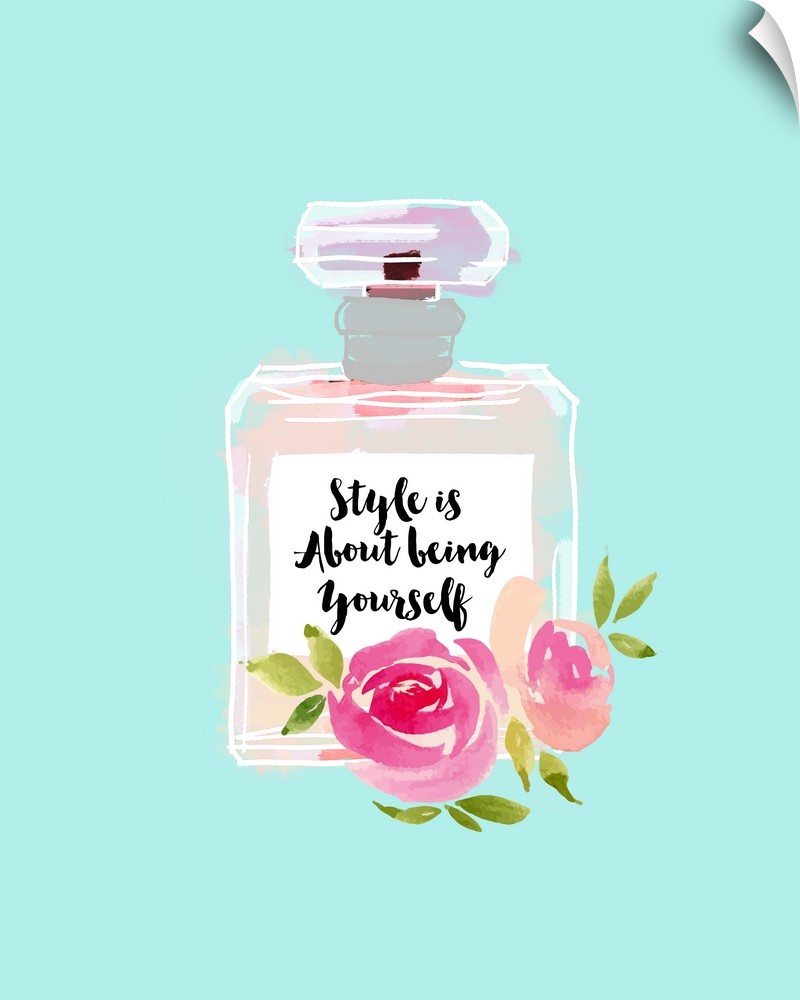 Illustration of a perfume bottle with roses and the quote "Style is About Being Yourself" written on the bottle in black.