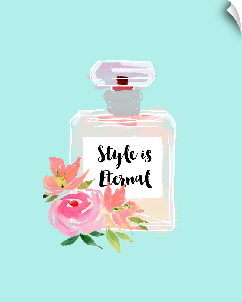 Illustration of a perfume bottle with roses and the quote "Style Is Eternal" written on the bottle in black.