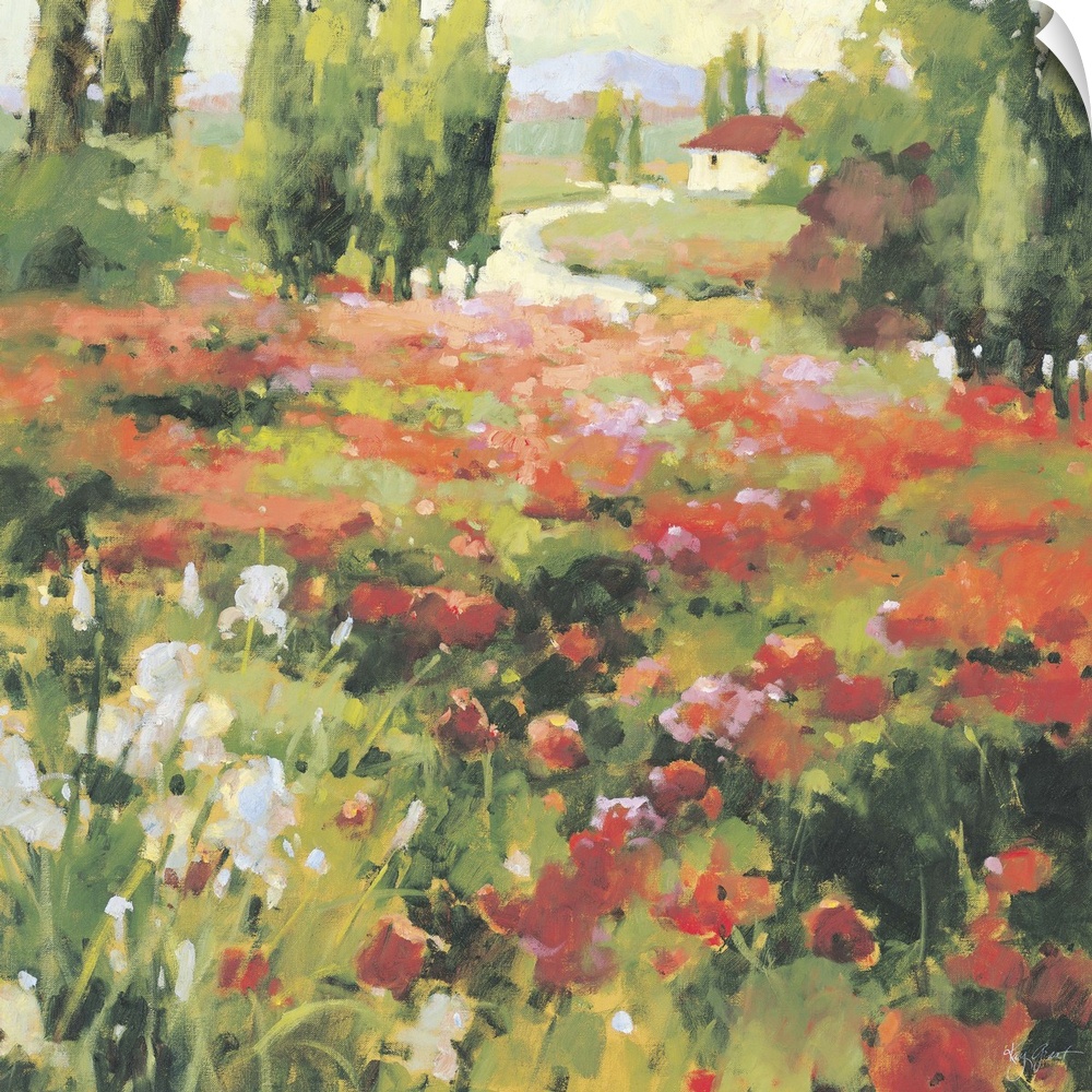 Contemporary painting of a field of wildflowers in a valley, with a red roofed house in the distance.