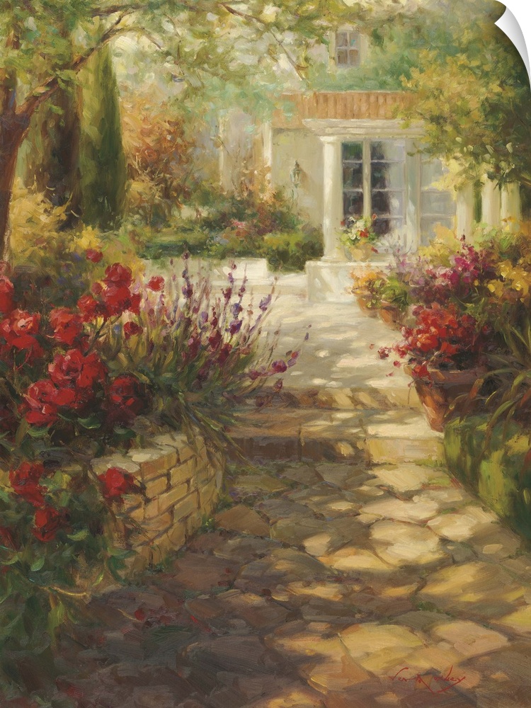 Tranquil painting of a shady cobblestone path leading to a house, lined with flowers.