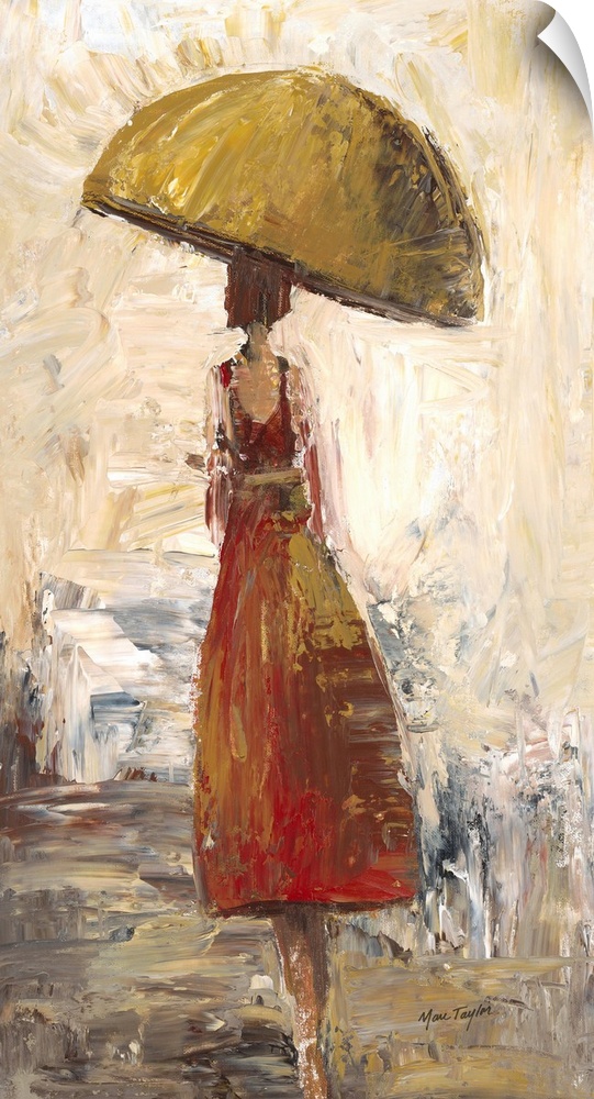 Contemporary painting of a woman in a red dress walking under a yellow umbrella.
