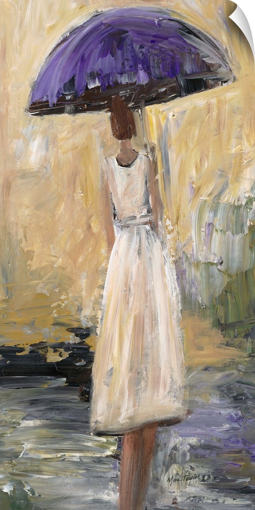 Contemporary painting of a woman in a white dress walking under a purple umbrella.
