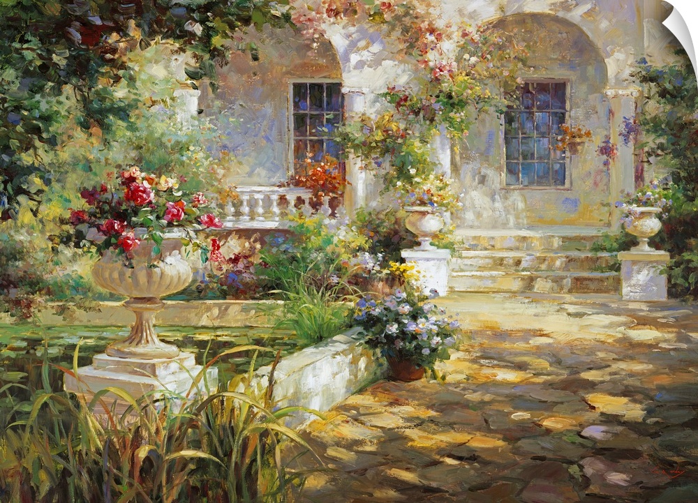 Painting of a courtyard with arches and an urn full of flowers.