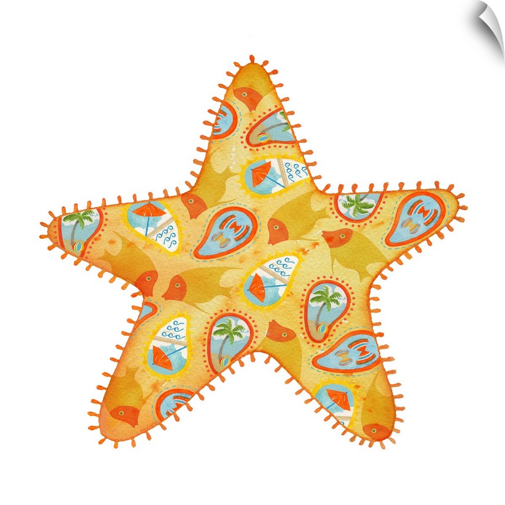 Watercolor painting of a yellow and orange starfish with Summer themed illustrations all over.