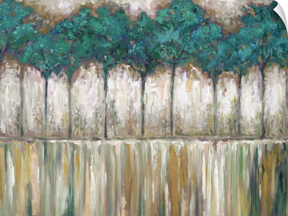 Contemporary painting of a row of slender trees with leafy branches.