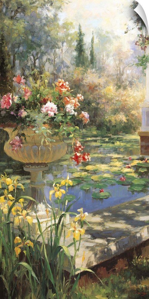 Painting of a pond in a garden with an urn full of flowers.