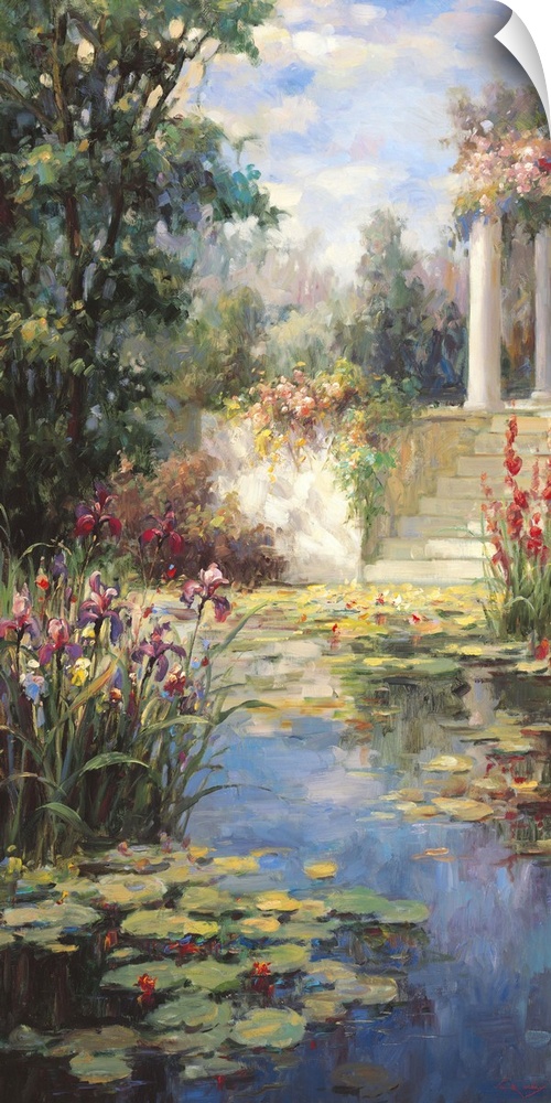 Painting of a pond full of lily pads in a garden.