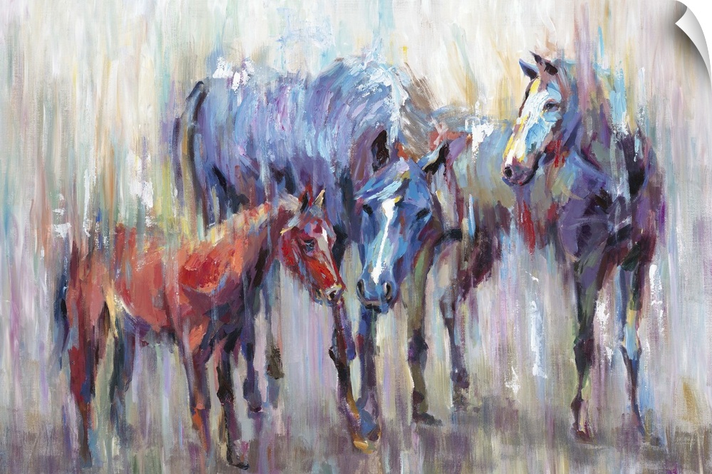 Home decor artwork of two adult multi-colored horses with a small brown one.